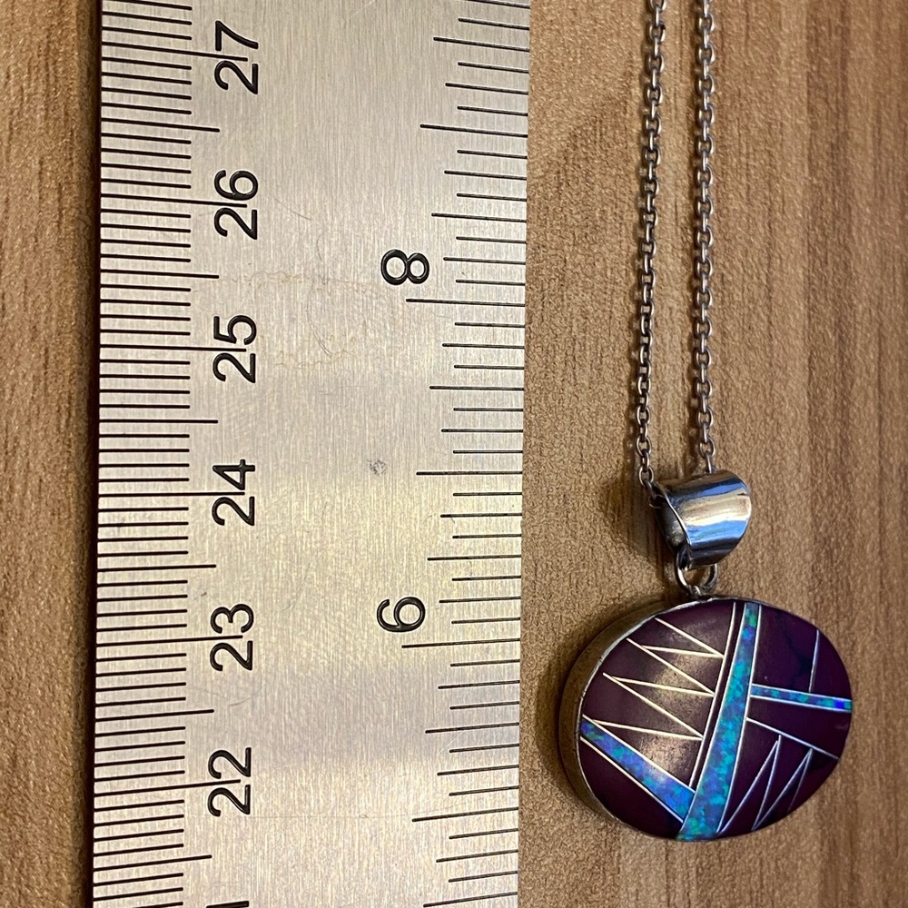 Amazing Native American sugilite and opaline inlay sterling silver pendant - Picture 6 of 9